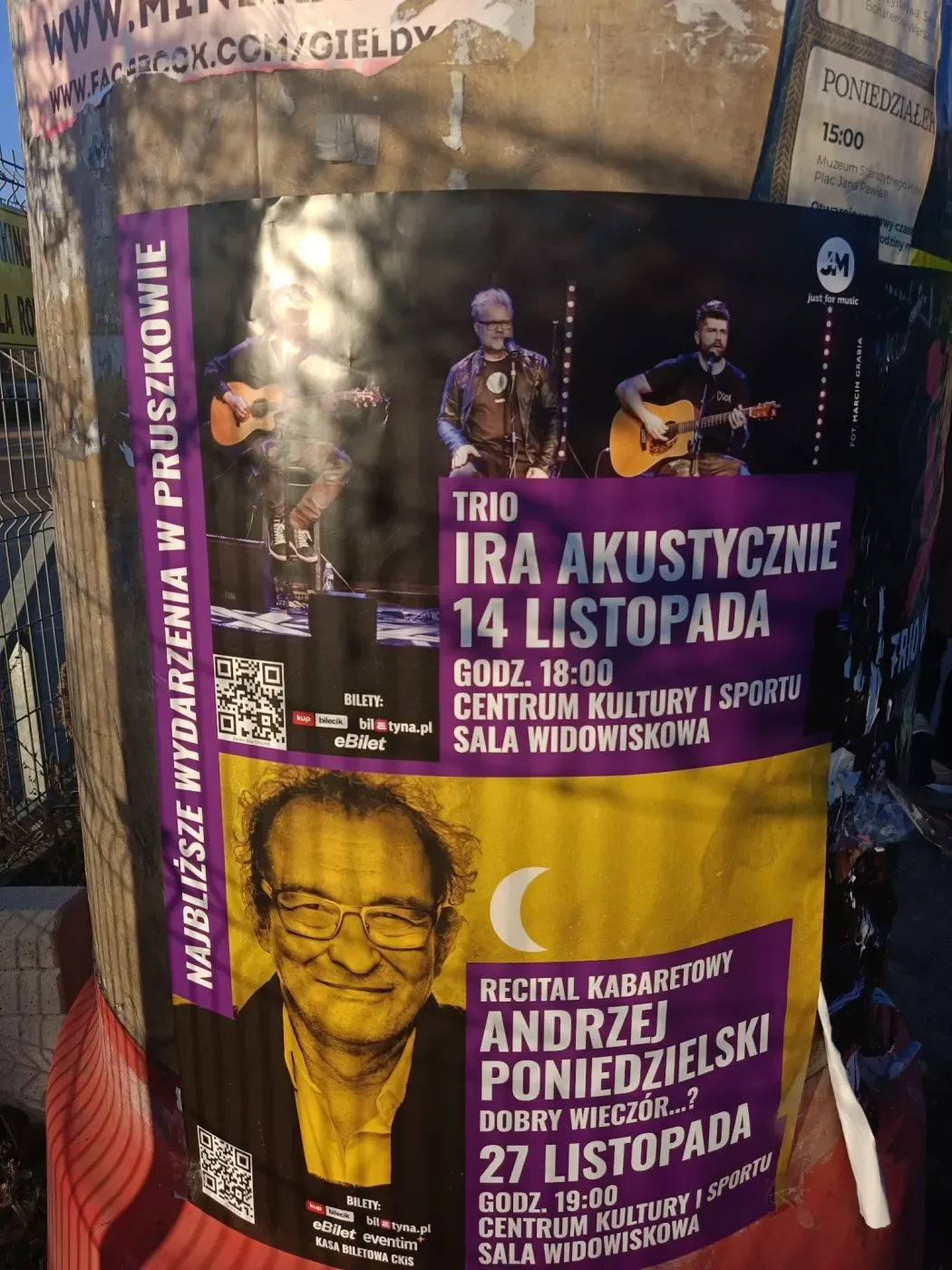 Plakat koncertu IRA Akustycznie Trio na słupie wśród innych ogłoszeń